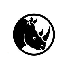Monochromatic vector illustration featuring a powerful rhinoceros head with its distinctive horn, framed within a circular shape. 