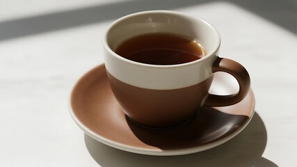 A cup of tea on a saucer, featuring a two-tone design, resting on a white surface with natural light and shadows, ideal for relaxation and tranquility
