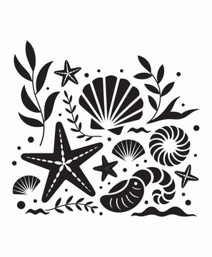 Sea Shells and Starfish Silhouette Vector Illustration Collection  
