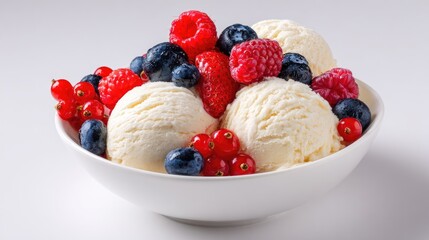 Vanilla Ice Cream with Raspberries Blueberries and Red Currants in White Bowl
