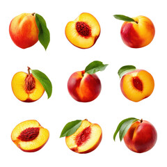 Peaches isolated set on transparent background collection of sliced peaches

