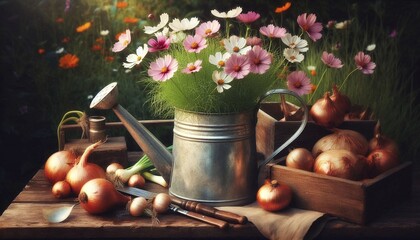 Rustic Garden Still Life with Cosmos & Onions
