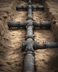 Underground Piping Installation In Open Trench, Visible Sand Bedding And Pipeline Structure. No Human Subjects, Sharp Lighting And Earthy Textures. Great For Plumbing Or Infrast