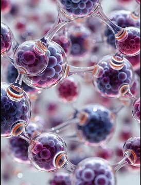 Crystal-clear molecular structures twist and connect in a mesmerizing dance, surrounded by glowing purple and pink nuclei. Perfect for science, technology, or medical themed motion backgrounds.