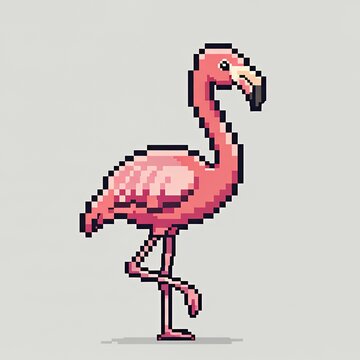 Pixel Art Pink Flamingo Standing in Neutral Background