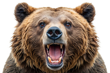 A grizzly bear with an open mouth showing its teeth is isolated on transparent background