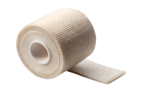 A roll of elastic bandage is displayed on an isolated on transparent background, ready for medical use