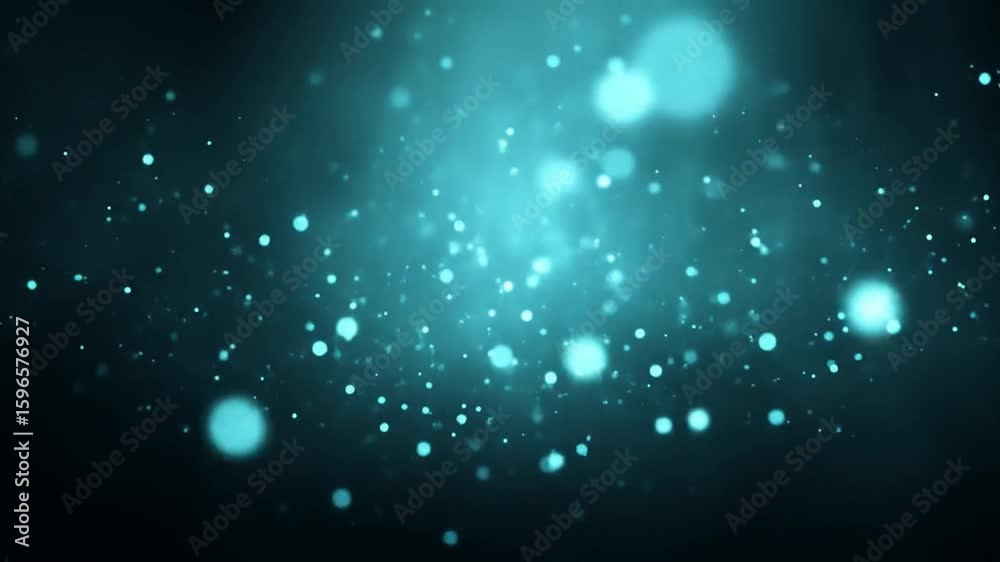 Wall mural mesmerizing blue glowing particles floating in dark abstract space with soft light rays.