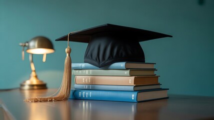 A graduation cap on a stack of books with a vintage lamp