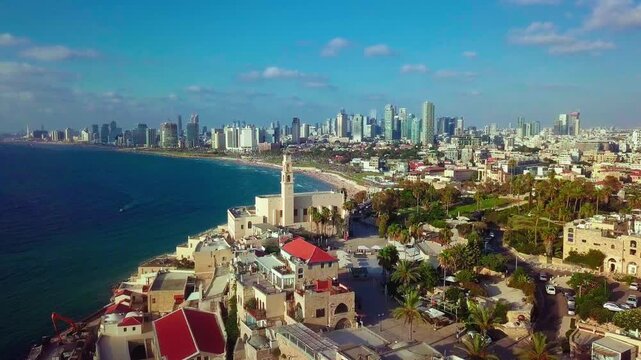 Aerial of Jaffa old town fling towards Tel Aviv Israel