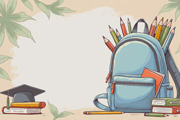 Colorful Banner Design with School Items and Children Celebrating Back to School