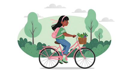 Naklejka premium Illustration of young girl rides a pink bicycle with a basket of vegetables