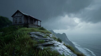 Stormy Coastal Cabin Rustic Wooden House on Cliffside Overlooking Ocean in Rain