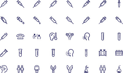 Minimalistic outline icons showcase healthcare, injections, illness symptoms, and laboratory equipment on a white background