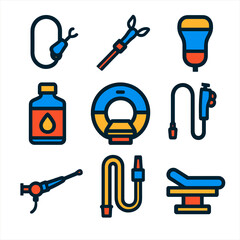 Clinical Procedure Icons. Flat vector icons of clinical digestive procedures: endoscopy camera, biopsy forceps, abdominal