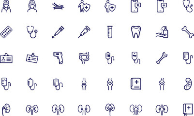 Various medical treatment and healthcare icons in a simple line style are displayed on white