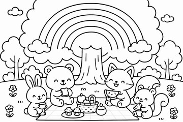 Cute Animal Forest Scene with Rainbow – Children’s Coloring Page