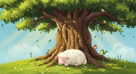 A peaceful sheep rests under a large tree, enjoying the sunlight and shade.