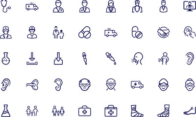 Line icons show medical personnel, ambulance, pharmacy and other health support on white background