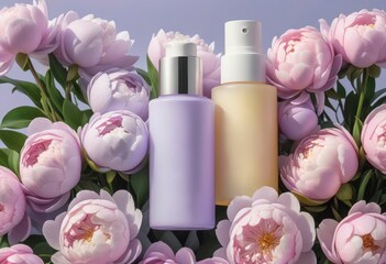 collagen cream in a glass jar and peony flowers on a lilac background. cosmetic products for skin and body care.
