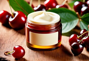 a jar of face cream with cherry seed oil and fresh berries on a wooden background. a natural cosmetic product