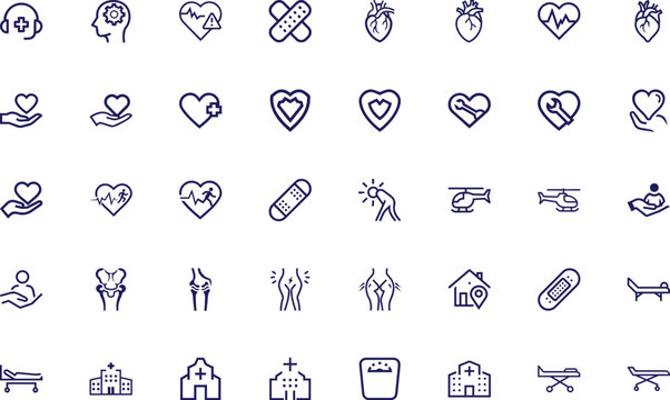 Medical service and care icons represent different body parts in outline style on white background