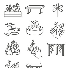 Therapeutic Garden Icons. Line style icons of therapeutic garden elements: sensory plant bed, meditation bench, water feature,