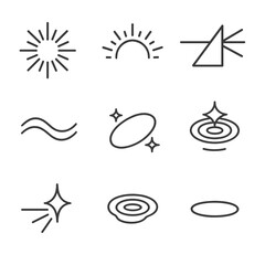 Abstract Light Icons. Line style icons of abstract abstract light-inspired forms: ray burst, glowing arc, prism split, soft glow