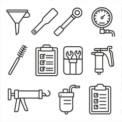Obraz premium Compressor Maintenance Tools. Line style icons of compressor maintenance tools: oil funnel, gasket scraper, torque wrench,