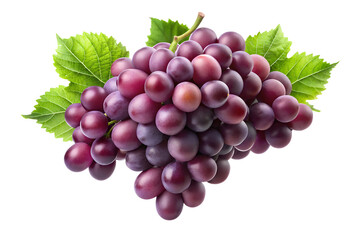 Fototapeta premium A vibrant bunch of red grapes with lush green leaves is isolated on transparent background, showcasing its freshness and natural appeal