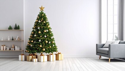 Christmas tree in Modern design room interior. Concept of new year and celebration. Copy space wall. Ai generative.