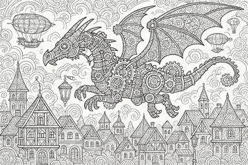 Unleash your imagination with this fantasy scene of a mighty dragon soaring over a medieval village. Intricate line work and high detail make it perfect for adult fantasy fans and colorists