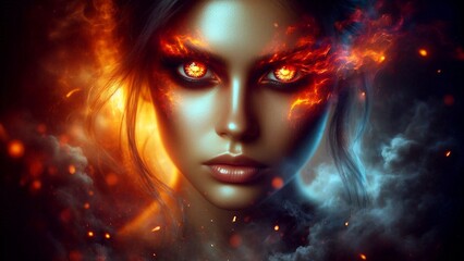 Ethereal Portrait A Woman Imbued with Fire and Ice Energy, Embodying Mystique and Power