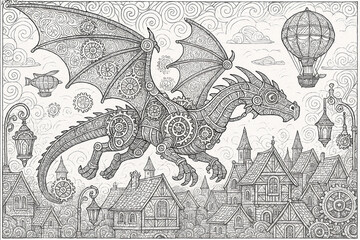 Whimsical Dragon and Hot Air Balloons – Surreal Coloring Page