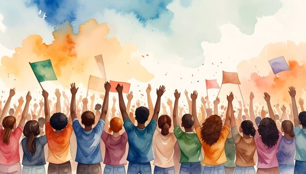Intersectional Feminism Watercolor Style. Crowd celebrating with flags under a colorful sky.