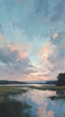 Serene marshland landscape at dusk with picturesque cloudy sky reflecting on water