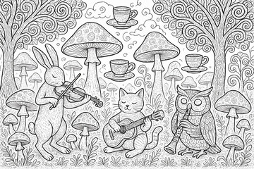 Magical Mushroom Forest with Cute Creatures – Coloring Page for All Ages