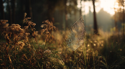 A photo of backlit dew droplets on a spider web glowing in golden sunlight in a peaceful field 