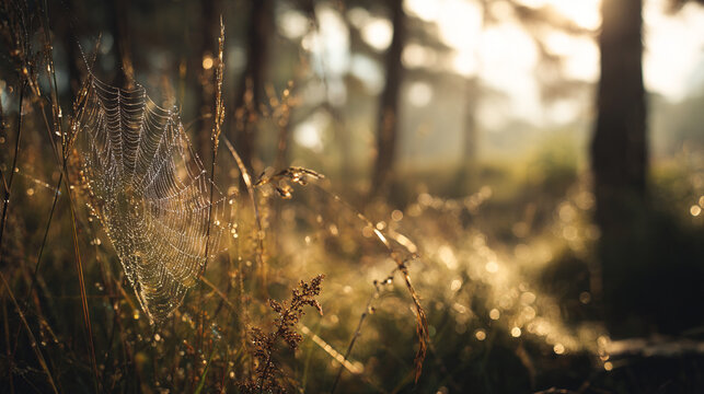 A photo of backlit dew droplets on a spider web glowing in golden sunlight in a peaceful field 