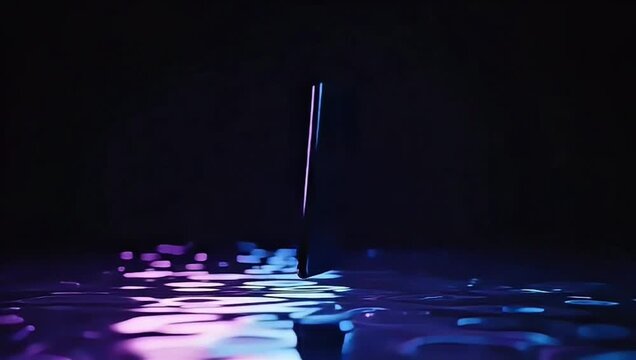 The smartphone hangs vertically and spins over the ripples of water, reflecting iridescent neon purple and blue lights, the phone's screen glowing softly. Light ripples spread out in all directions.