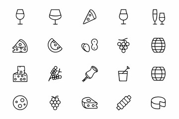 A refined collection of minimalist line art icons featuring wine glasses, cheese wedges, and charcuterie elements. Perfect for winery branding, menu designs, invitations, and gourmet packaging with a 