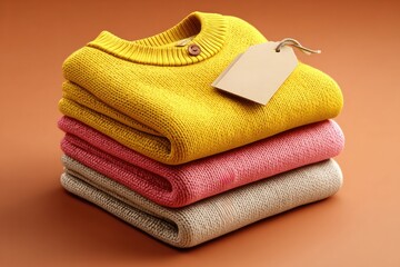Stylish sweater stacks showcase elegant setting product photography cozy atmosphere close-up view fashion appeal