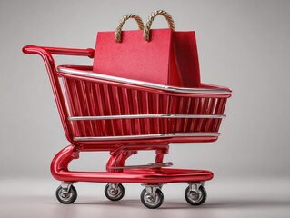 Shopping cart with red bags retail store product display minimalist background close-up angle consumerism concept