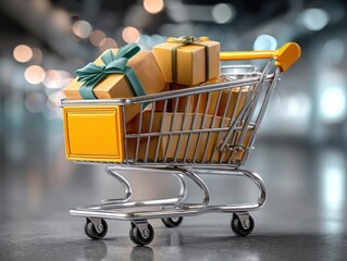 Shopping cart filled with gifts retail store product display indoor space close-up view holiday shopping concept