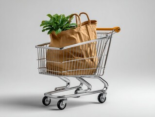 Grocery shopping action supermarket product display urban environment side view healthy lifestyle concept