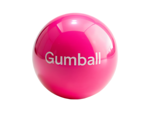 A bright pink gumball with the word gumball on it is isolated on transparent background, showcasing its smooth and shiny surface