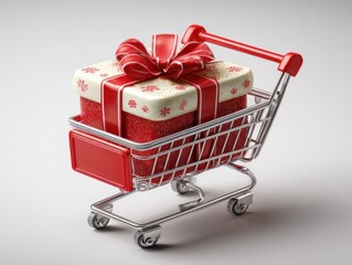 Holiday shopping delight festive gift in cart store setting product showcase cheerful atmosphere close-up view