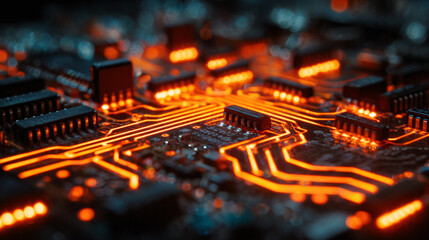 A photo of glowing fire circuit patterns flowing through a dark motherboard at night