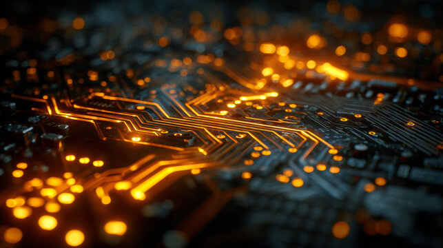 A photo of glowing fire circuit patterns flowing through a dark motherboard at night - Powered by Adobe
