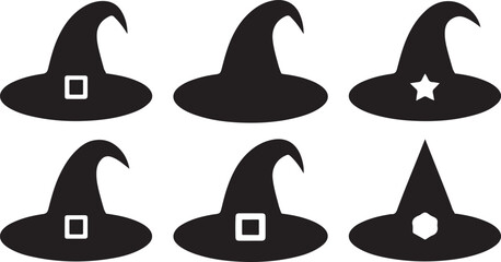 A Collection of Black Witch Hat Silhouettes Vector Illustration in Various Styles. Witch Hat Silhouette icon set